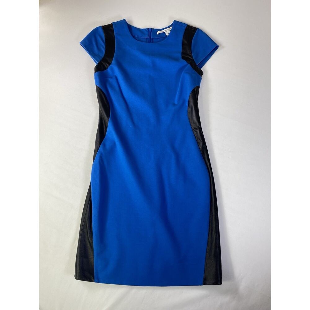 Diane Von Furstenberg Women's Size 0 Dress Blue Pele Leather Panel Mini Bodycon